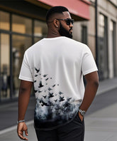 Men's Plus Size Daily Casual Gradient Forest Bird Print Henley Collar Button Short Sleeve T-Shirt